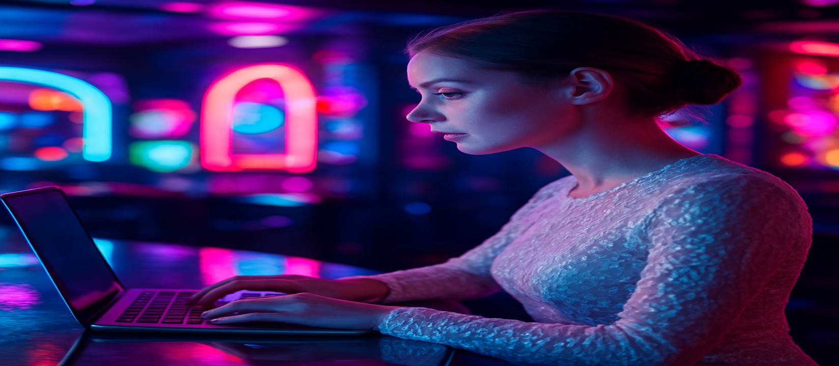 নিয়ন আলোয় বসে bh999-র ল্যাপটপে এভিয়েটর গেম খেলছেন একজন নারী