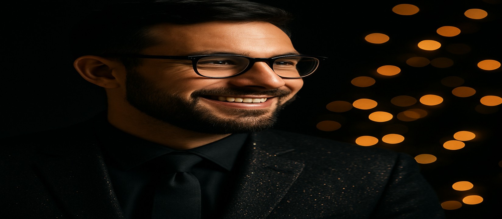 কালো স্যুট পরা এক আত্মবিশ্বাসী ব্যক্তি, চারপাশে ঝলমলে সোনালি আলো — bh999