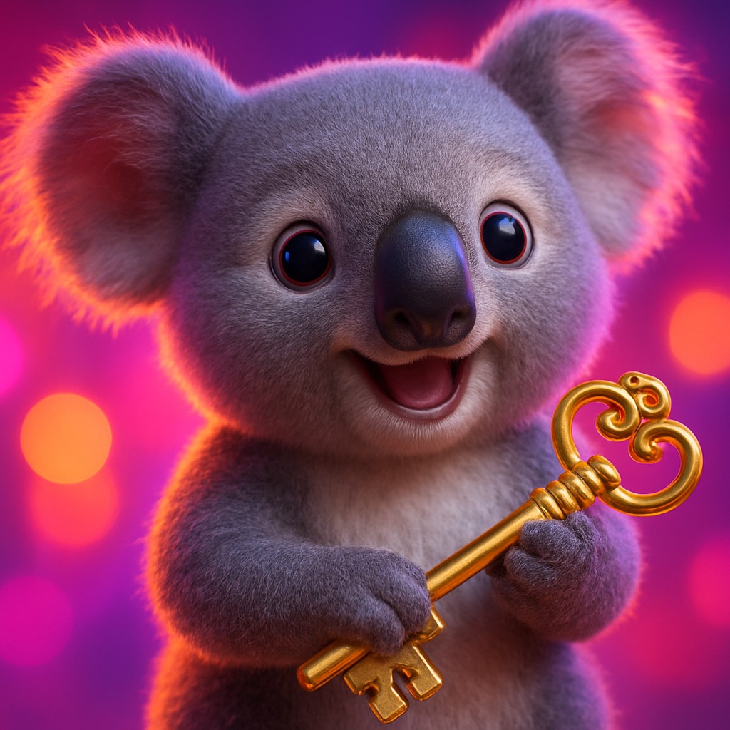 উজ্জ্বল গেমিং পরিবেশে সোনালি চাবি হাতে হাসিখুশি একটি চরিত্র