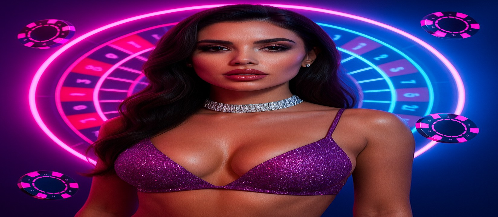 ঝলমলে বেগুনি পোশাকে এক নারী, পেছনে bh999 ব্র্যান্ড আইকন ও আলোকিত গেমিং প্ল্যাটফর্ম চিপ