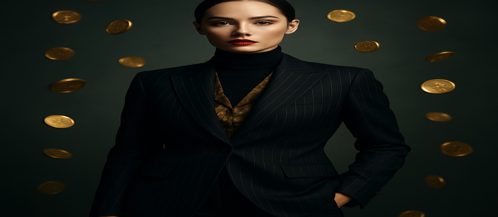 কালো ডোরাকাটা পোশাকে সোনালি আলোয় জ্বলন্ত এক নারী, চারপাশে ভাসমান সোনার কয়েন