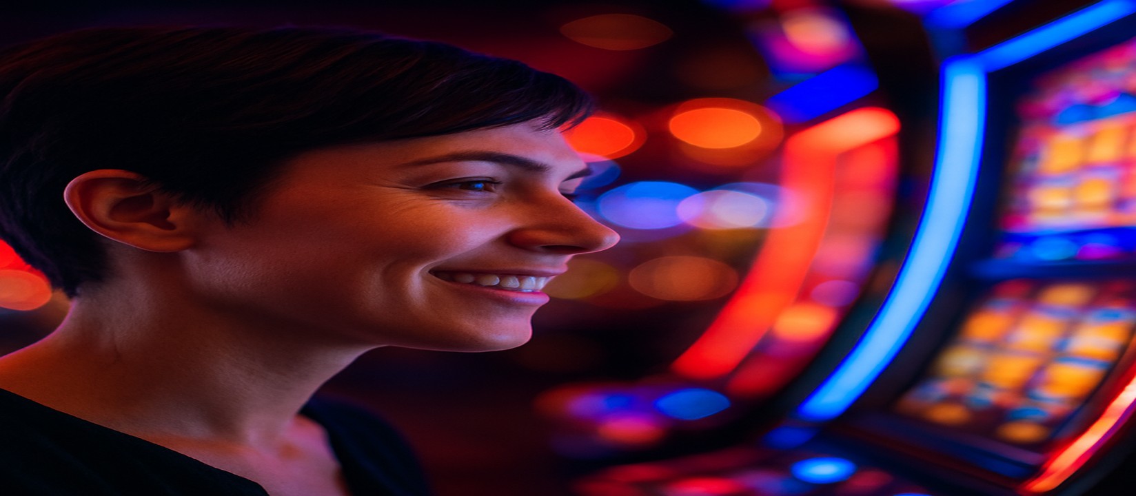 রঙিন আলোয় হাসিখুশি এক নারী bh999 প্ল্যাটফর্মে আর্কাড গেম খেলছেন